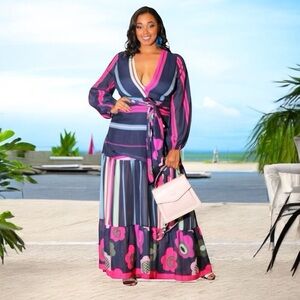 L'ATISTE MULTI COLOR STRIPE ANS FLORAL CHIFFON ROSY MAXI DRESS SIZE: M PINK BLUE
